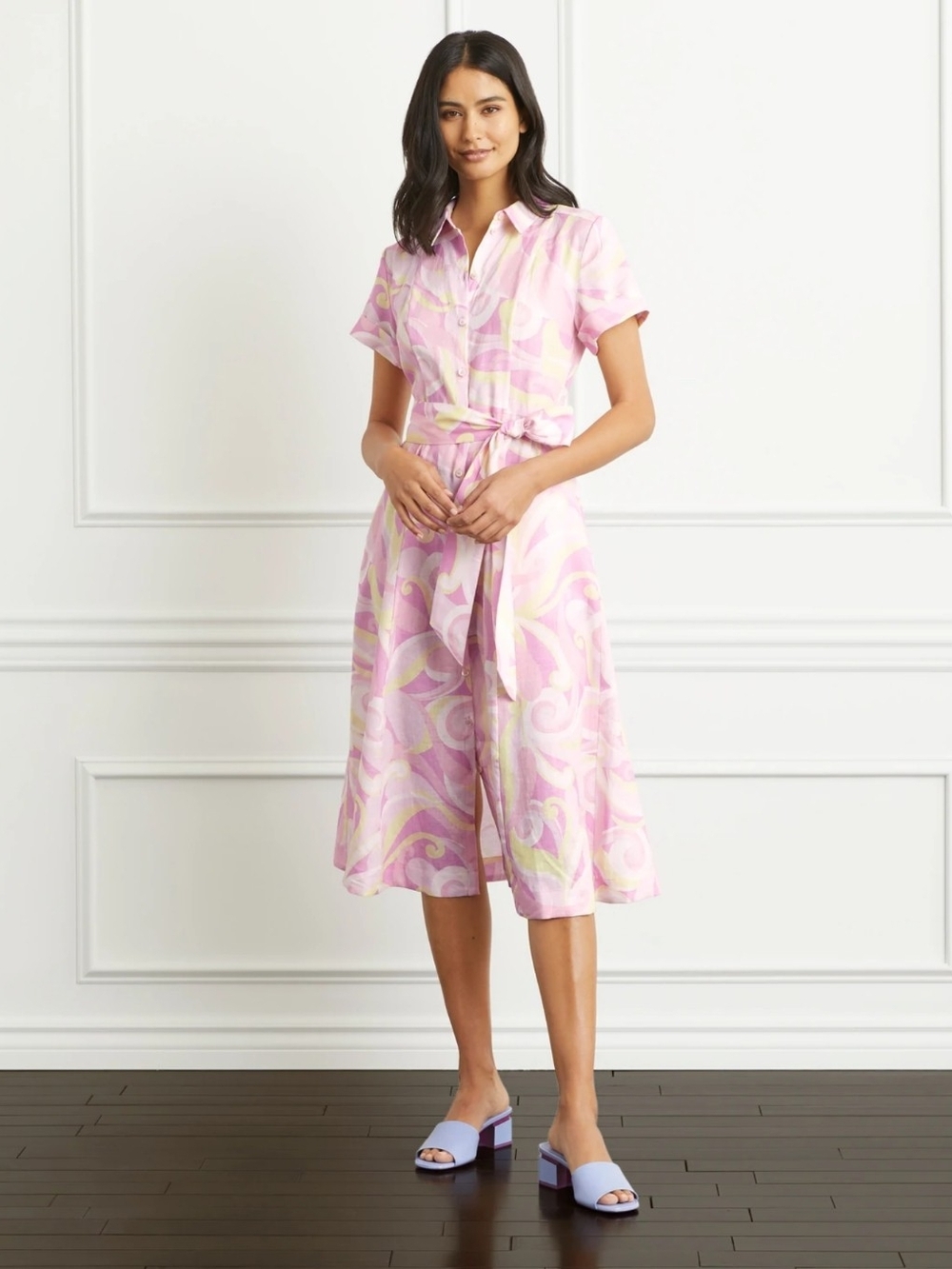 Hill House Lily Dress XXS Kaleidoscope Linen Midi Shirtdress Pink Multicolor